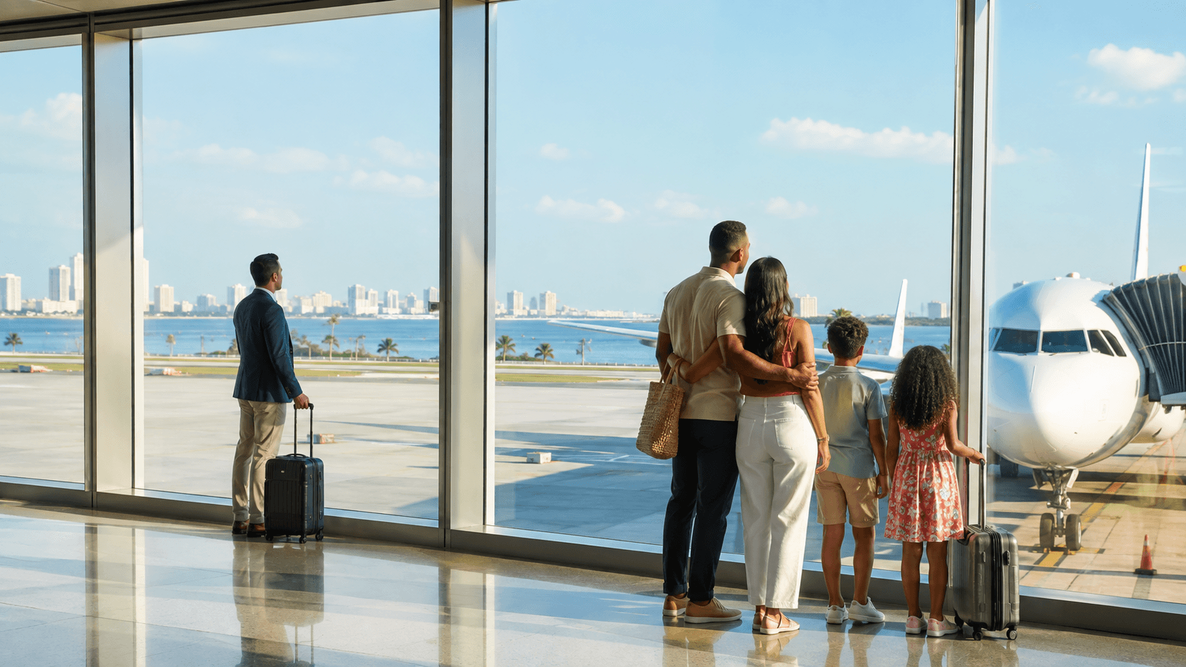 Travelers looking toward an aircraft from a modern terminal